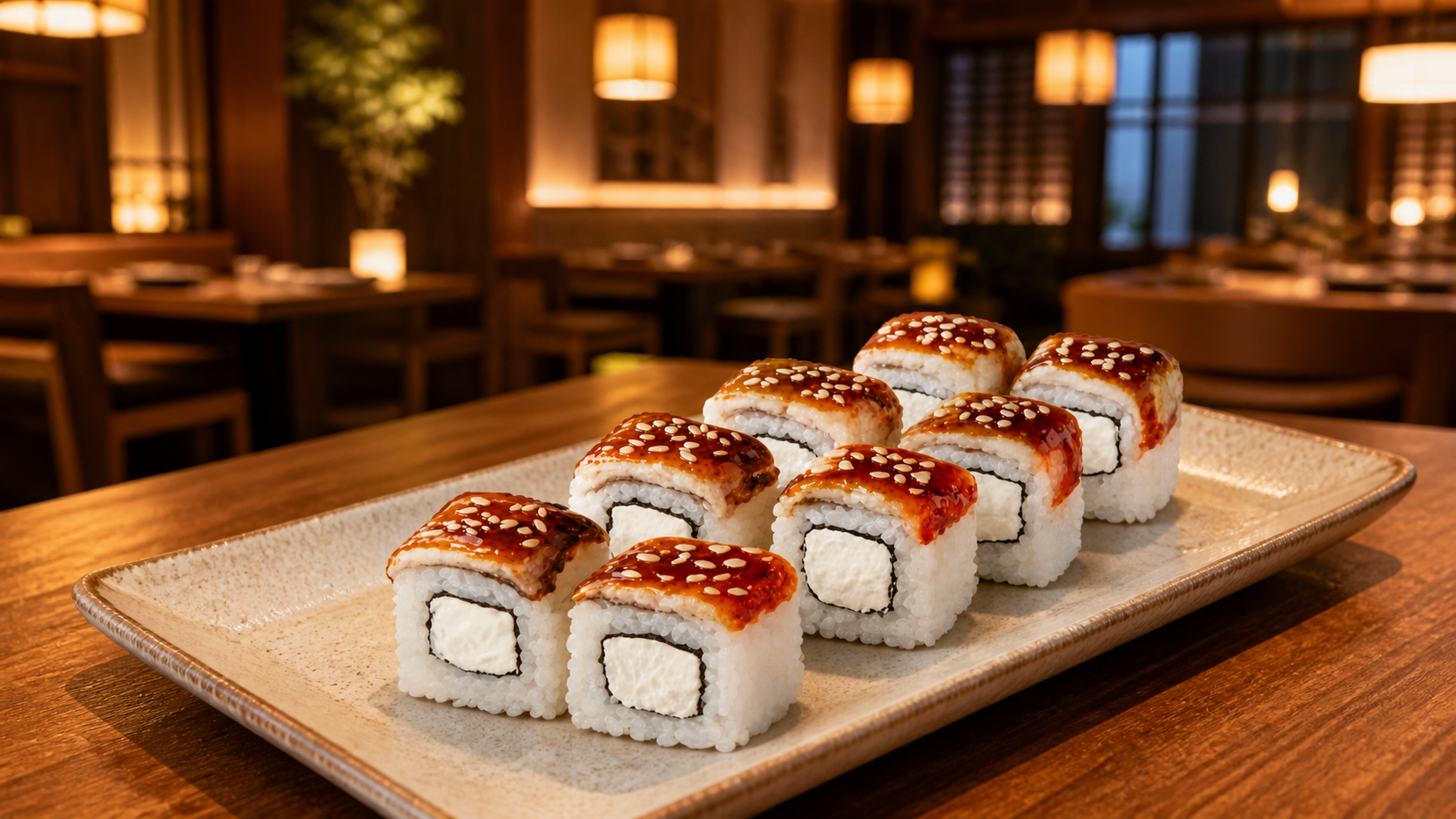 Авторский ролл Fusion Sushi в вечернем интерьере